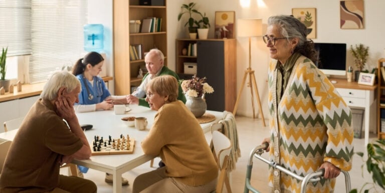Elderly Residents Playing Chess Together at Independent Living Facility